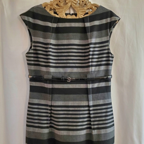 Calvin Klein Belted Midi Shift Dress Size 4 Capped Sleeved Striped Black & Gray - Picture 3 of 6